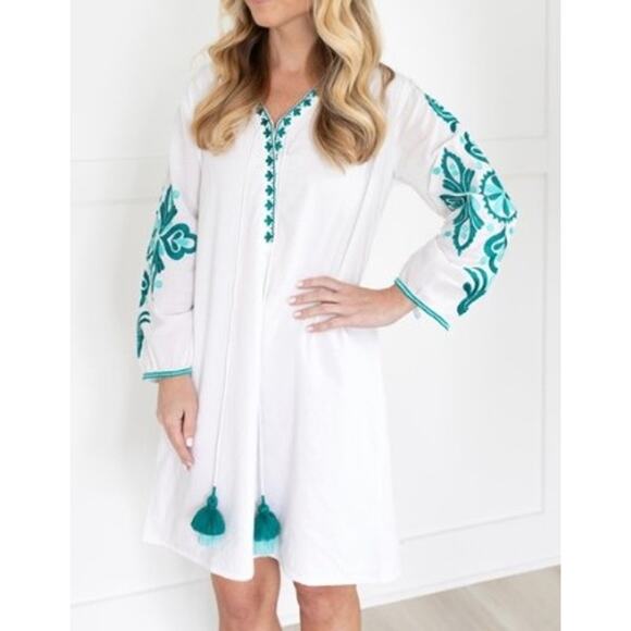 Bindu Beachy Boho Embroidered Tunic Mini Dress White Aqua Teal Small - Picture 1 of 12